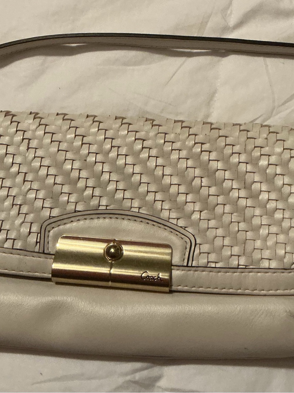 Coach Kristen Cream Woven Leather Clutch with Gold-Tone Hardware